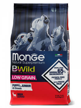 Monge BWild Puppy Low Grain сухой низкозерновой корм для щенков всех пород с оленем 2,5 кг