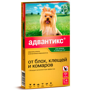 Адвантикс капли для собак до 4 кг от блох, клещей и комаров, 4 пипетки х 0,4 мл