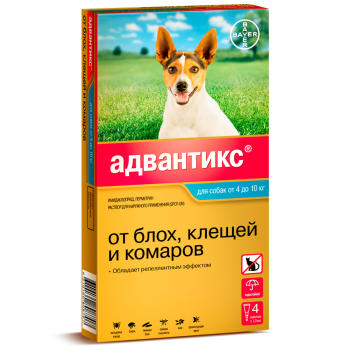 Адвантикс капли для собак от 4 до 10 кг от блох, клещей и комаров, 4 пипетки х 1 мл