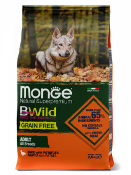 Monge BWild Grain Free сухой беззерновой корм для взрослых собак всех пород с уткой и картофелем 2,5 кг