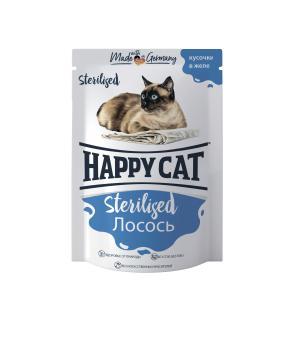 Happy Cat Sterilized нежные кусочки в желе для стерилизованных кошек с лососем 100 г (Россия)