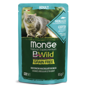 Monge Cat BWild Grain Free паучи из трески с креветками и овощами для взрослых кошек 85 г