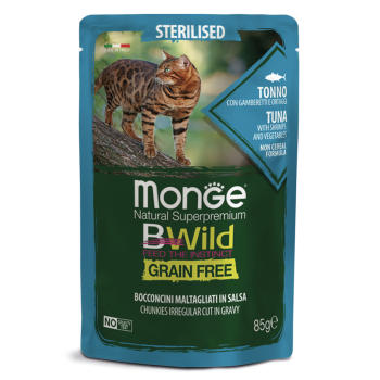 Monge Cat BWild Grain Free паучи из тунца с креветками и овощами для стерилизованных кошек 85 г