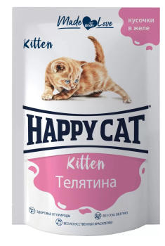 Happy Cat влажный корм для котят с телятиной в желе 100 гр (Россия)