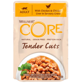 CORE Tender Cuts влажный корм для кошек из курицы с куриной печенью в виде нарезки в соусе 85 г