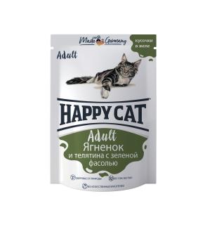 Happy Cat нежные кусочки в желе для кошек с ягненком, телятиной и зеленой фасолью 100 г
