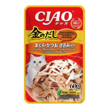 Inaba Ciao Kinnodashi влажный корм для взрослых кошек тунец магуро и тунец кацуо с куриным филе 60 гр
