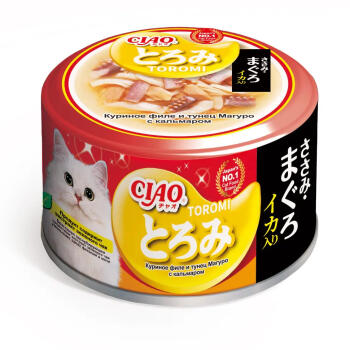 Inaba Ciao Toromi консервы для взрослых кошек с куриным филе, тунцом магуро и кальмаром в бульоне 80 гр