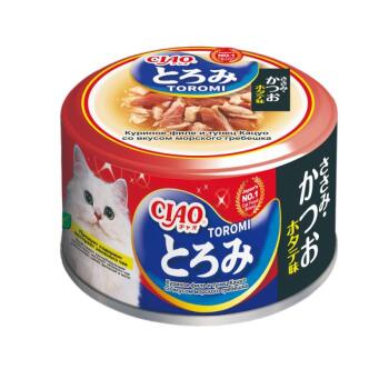 Inaba Ciao Toromi консервы для взрослых кошек с куриным филе, тунцом кацуо, со вкусом морского гребешка в бульоне 80 гр