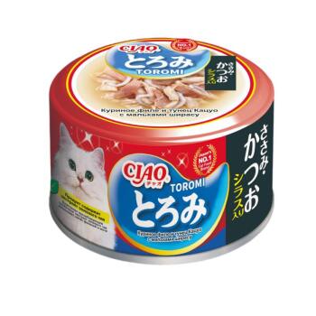 Inaba Ciao Toromi консервы для взрослых кошек с куриным филе, тунцом кацуо и мальками ширасу в бульоне 80 гр