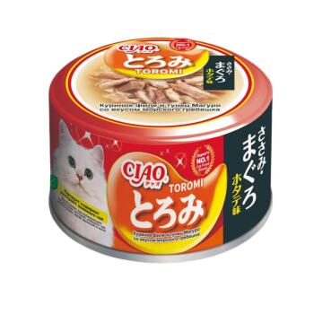 Inaba Ciao Toromi консервы для взрослых кошек с куриным филе, тунцом магуро и гребешком в бульоне 80 гр