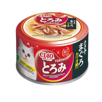Inaba Ciao Toromi консервы для взрослых кошек с куриным филе, тунцом магуро и кацуобуси в бульоне 80 гр