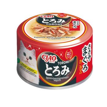 Inaba Ciao Toromi консервы для взрослых кошек с куриным филе, тунцом магуро и сурими в бульоне 80 гр