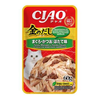 Inaba Ciao Kinnodashi влажный корм для взрослых кошек тунец магуро и тунец кацуо с гребешком 60 гр