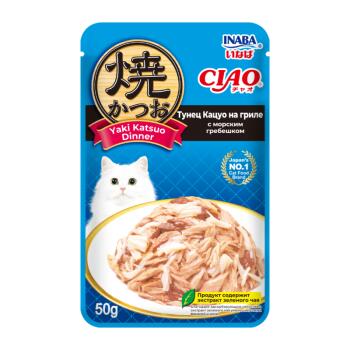 INABA Ciao Yaki Katsuo Dinner влажный корм для взрослых кошек тунец кацуо на гриле с морским гребешком 50 гр
