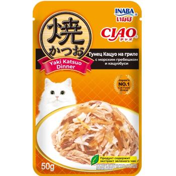 INABA Ciao Yaki Katsuo Dinner влажный корм для взрослых кошек тунец кацуо на гриле с морским гребешком и кацуобуси 50 гр