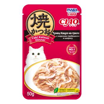 INABA Ciao Yaki Katsuo Dinner влажный корм для взрослых кошек тунец кацуо на гриле с морским гребешком и ширасу 50 гр