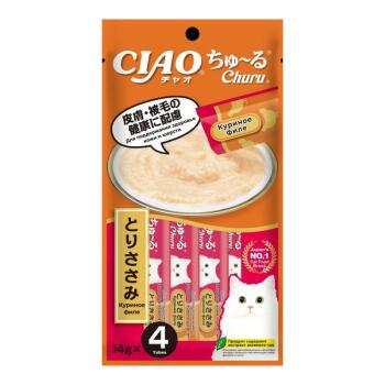 Inaba Ciao Churu лакомство-пюре для кошек с куриным филе для поддержания здоровья кожи и шерсти 4 шт х 14 гр